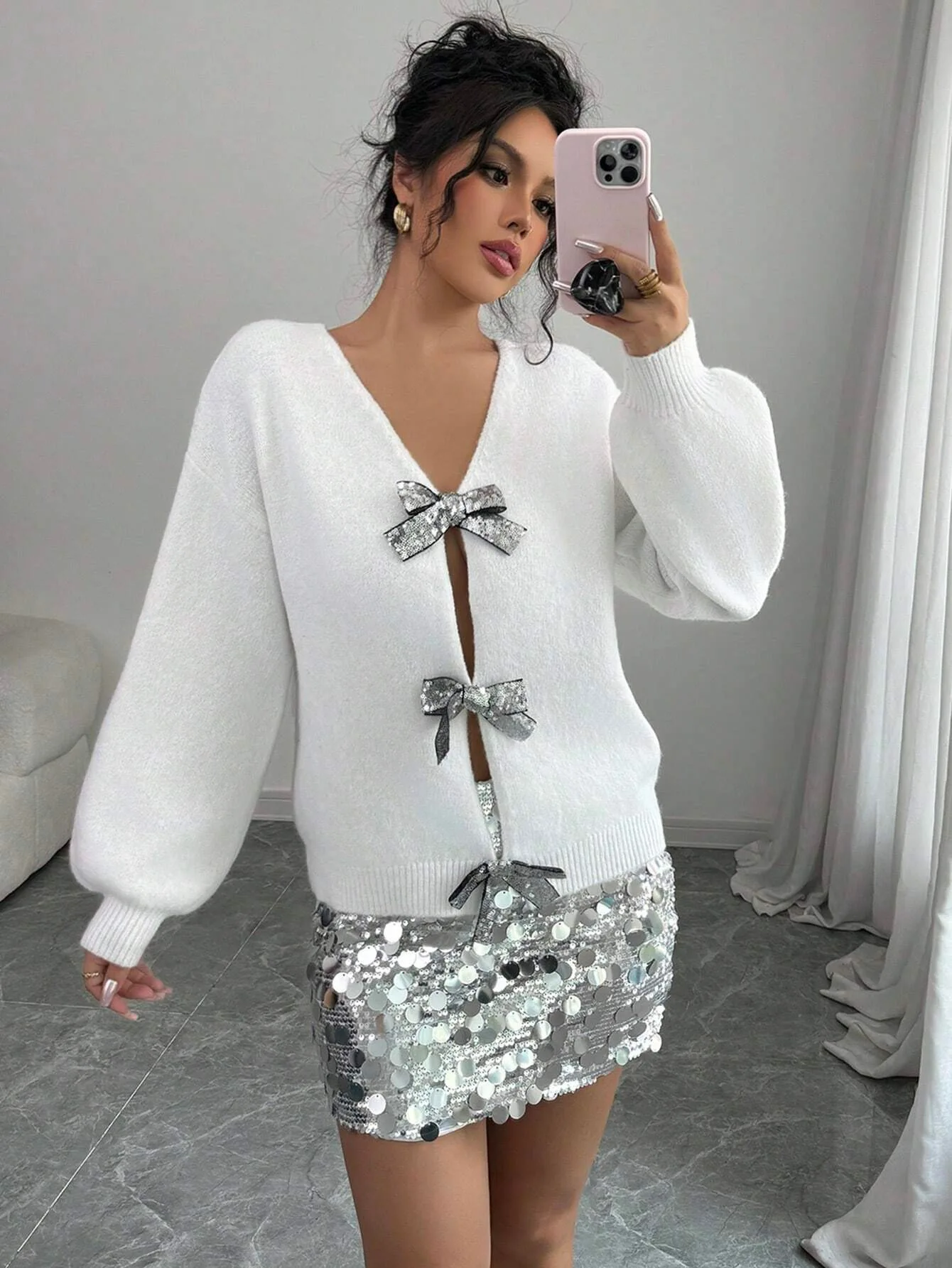 Women Sexy Bow Cardigan Sweaters V-neck Loose Female Sweater Ladies' Solid Color Knit Cardigans