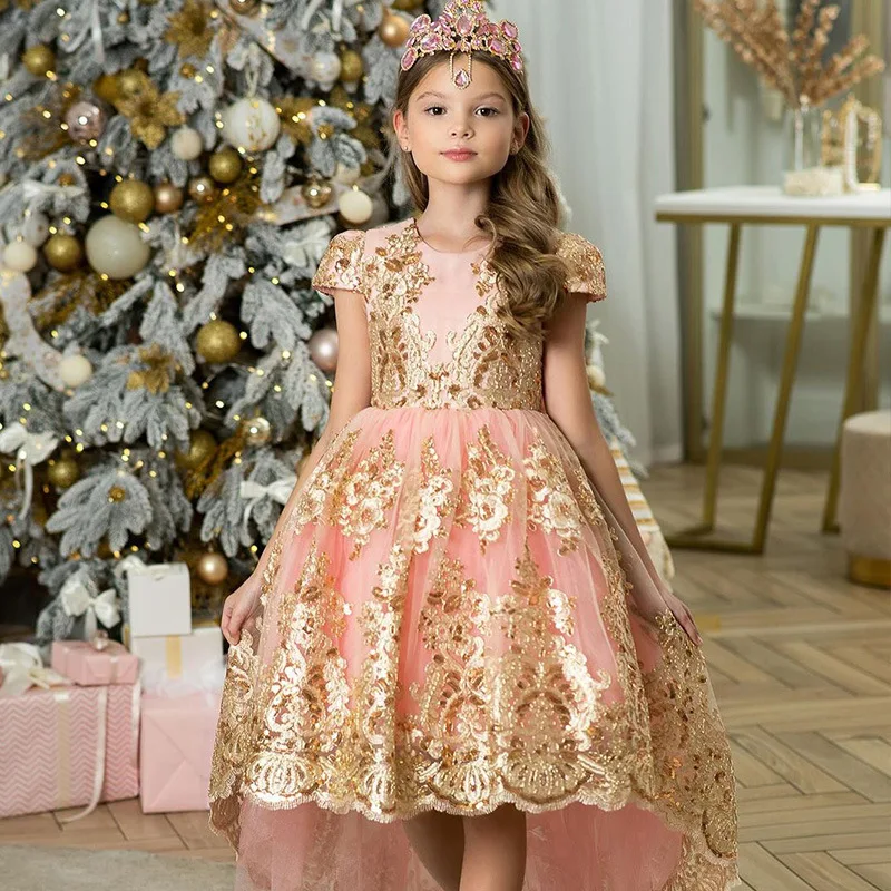 

Young Girls Princess Luxury Ball Gowns for Kids Girls Mermaid Trailing Dress Children Tulle Birthday Party Costume Vestidos