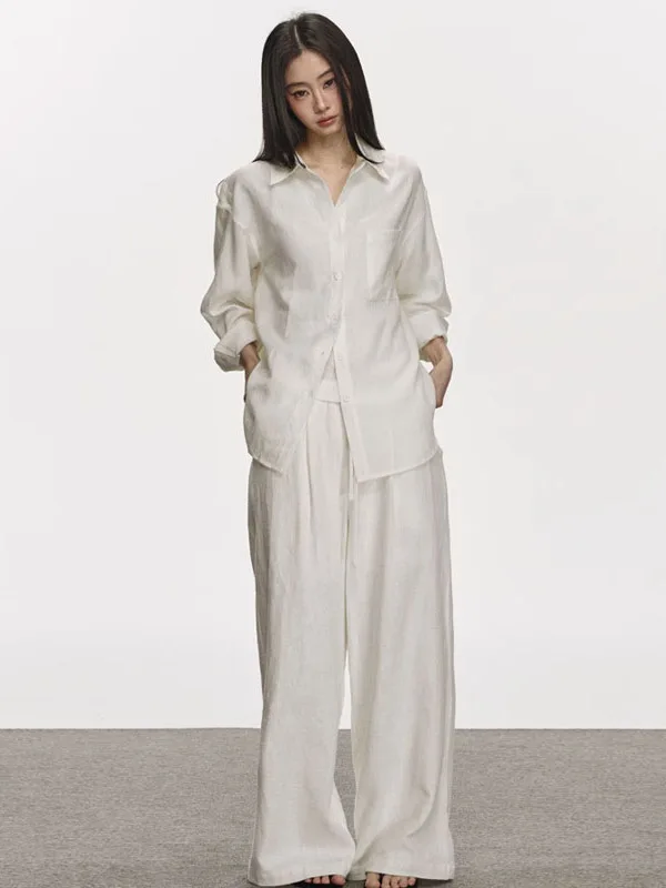 Fashionable Loose Women's Shirt Set White Casual Spring Two-Piece Ensemble Vintage Versatile Lazy Style Long Sleeve Pants