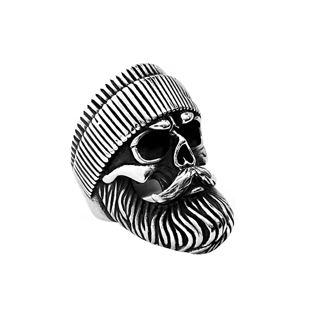 Vintage Hat Big Beard Skull Ring for Men Gothic Stainless Steel Skull Rings Punk Hip Hop Biker Amulet Jewelry Gift Wholesale