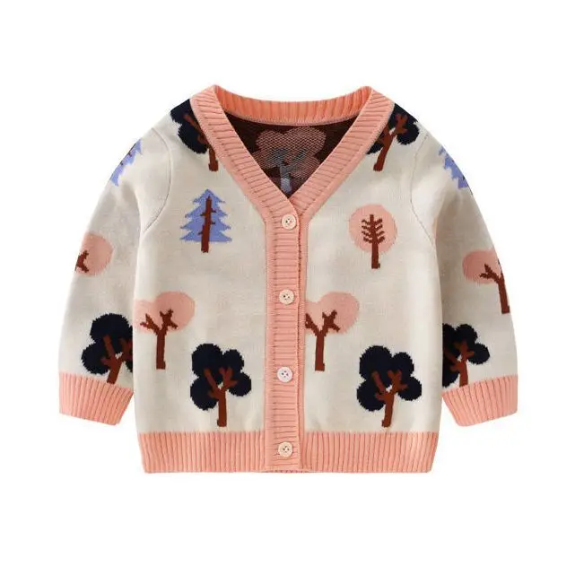 

2022 Autumn Girls Knitted Cardigan Coat Small Tree Pattern Cute Button Pink Edge Top Warm Top Sweaters Kids Knitwear