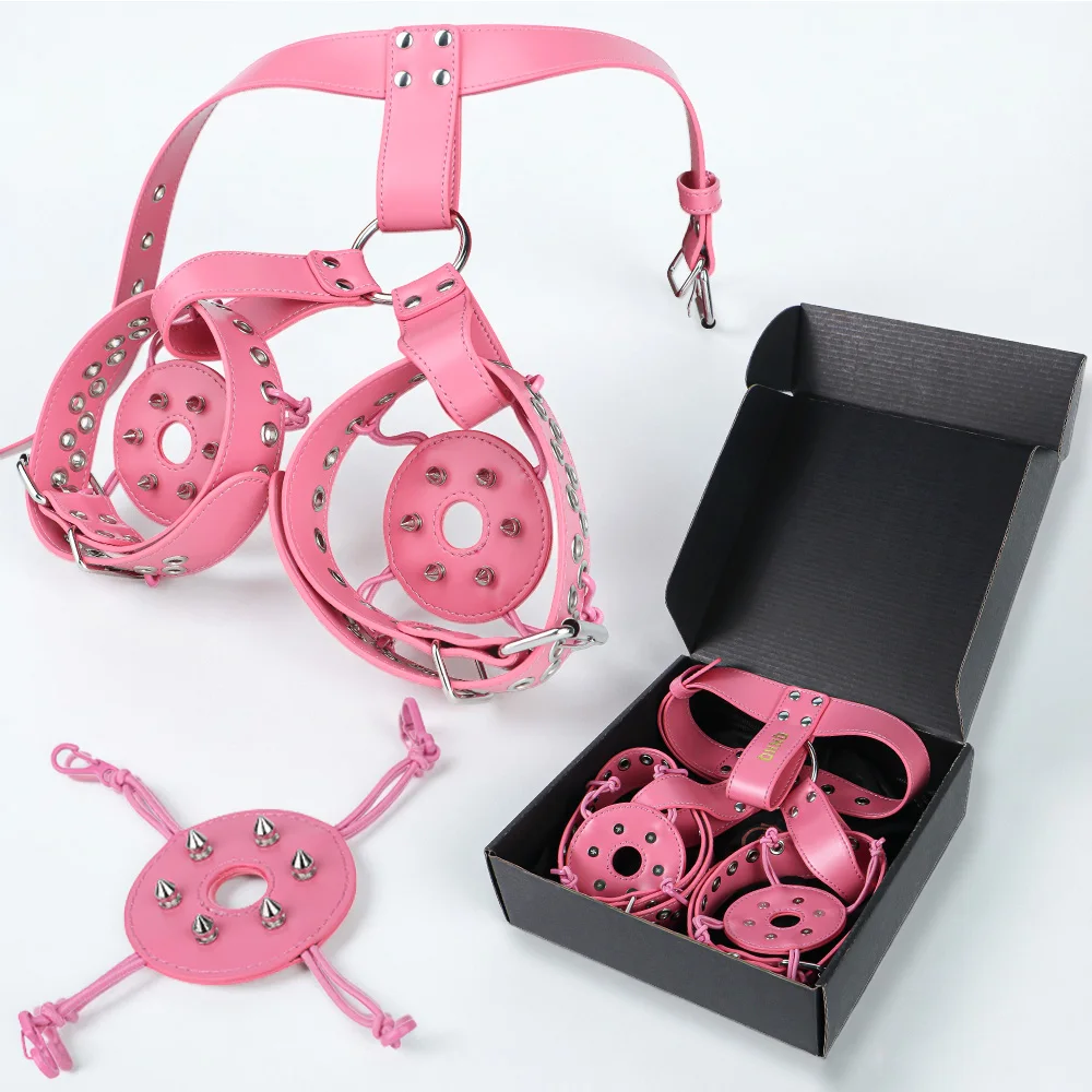 LEZEE Sexual Breast Belt Spiked Restraint Loop Harness Belt PU Leather Underwear Bra Nail Piercing Nipple Teasing Slave Toys