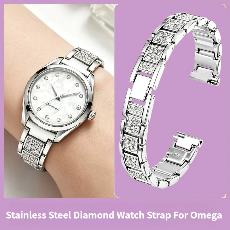 Women Steel Inlaid Diamond Watch Band Replacement Bracelet for Original Omega Seamaster AT150M 28mm Dial 220.10.28.60.51 Ladies