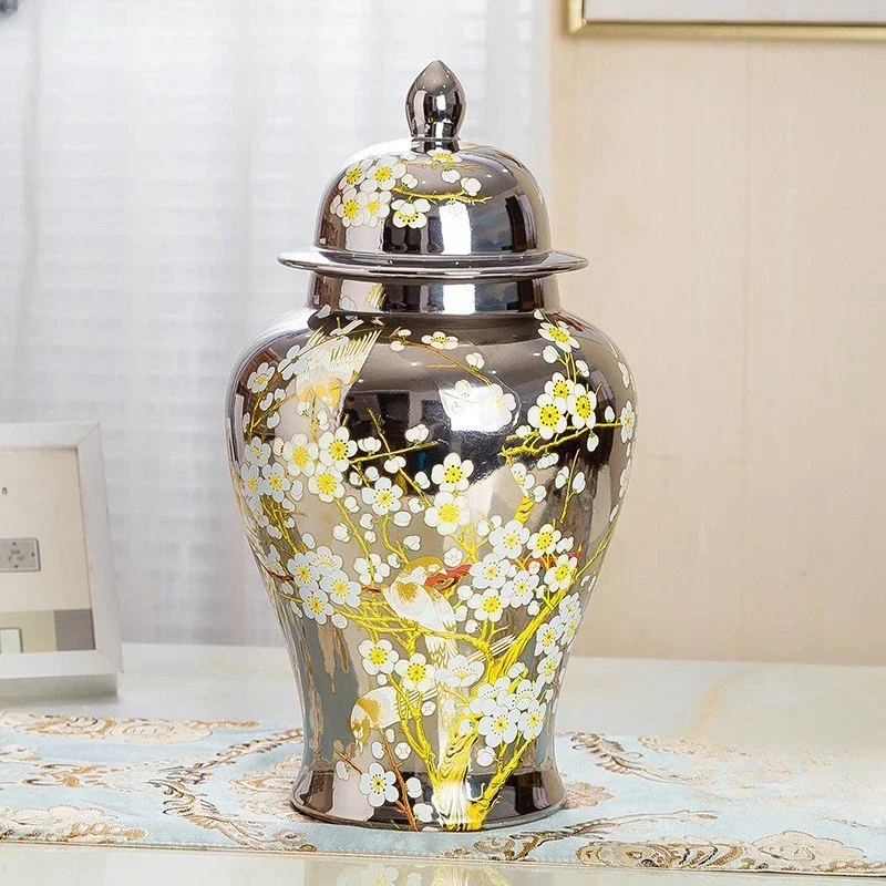 Hot salesRZRV28-Series handmade color glaze plum blossom and birds decorated silver ceramic general pots storage jars