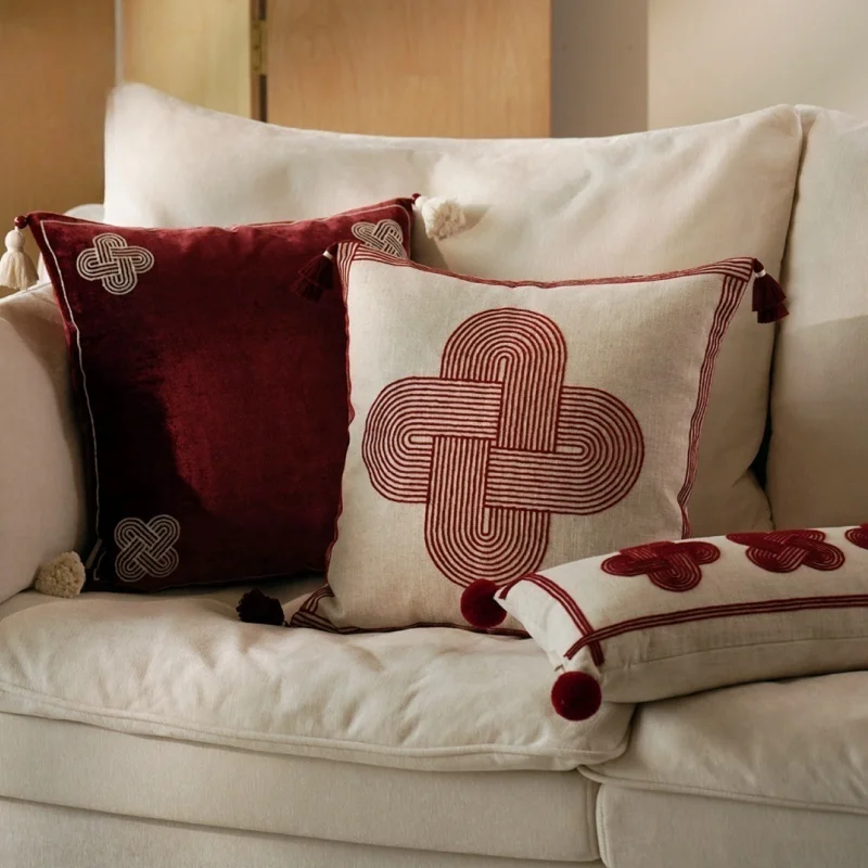 Chinese Knots Pillows Luxury Red Velvet Cushion Case Modern Linen Blend Decorative Pillow Cover For Sofa Chair Home Decorations