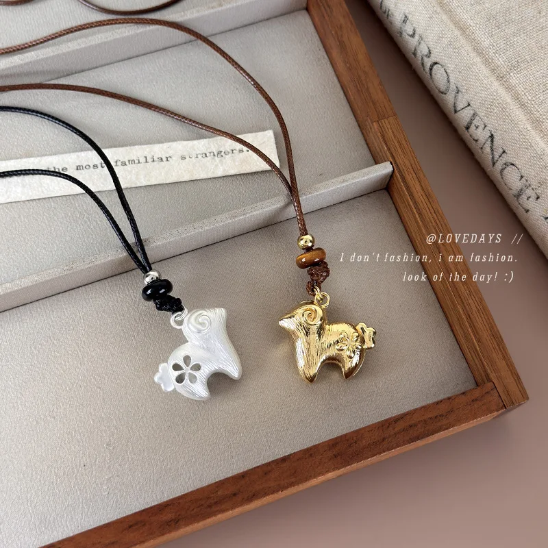 Necklace Dimensional Brushed Metal Sheep Pendant Wax Cord Long Sweater Chain Niche Design Lightweight Silver Tone Accessory