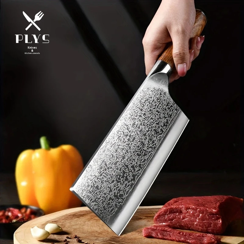 PLYS Damascus Steel Chopping Knife High Hardness VG10 Steel Core Sharp Chef Knife Yellow Pearwood Handle Slicing Knife