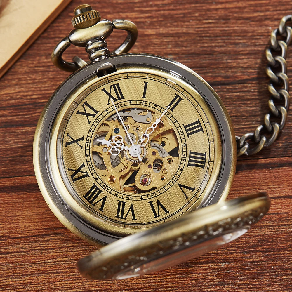 Bronze Roman Numerals MANS Pocket Watch With Chain Men Women Vintage Charm Steampunk Pendant Necklace Hanging Watch Clock