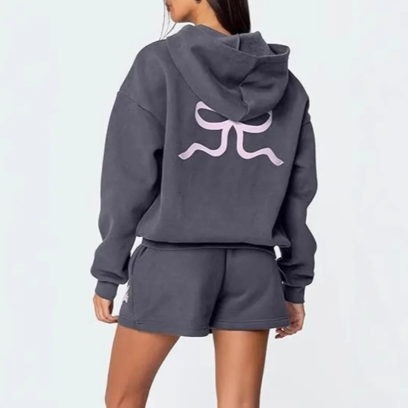 Tops Sweatshirts Shorts Long-sleeved Two-piece Sets Autumn/Spring Women's Bow-tie Printed Hooded Loose-fitting Thickened Niche
