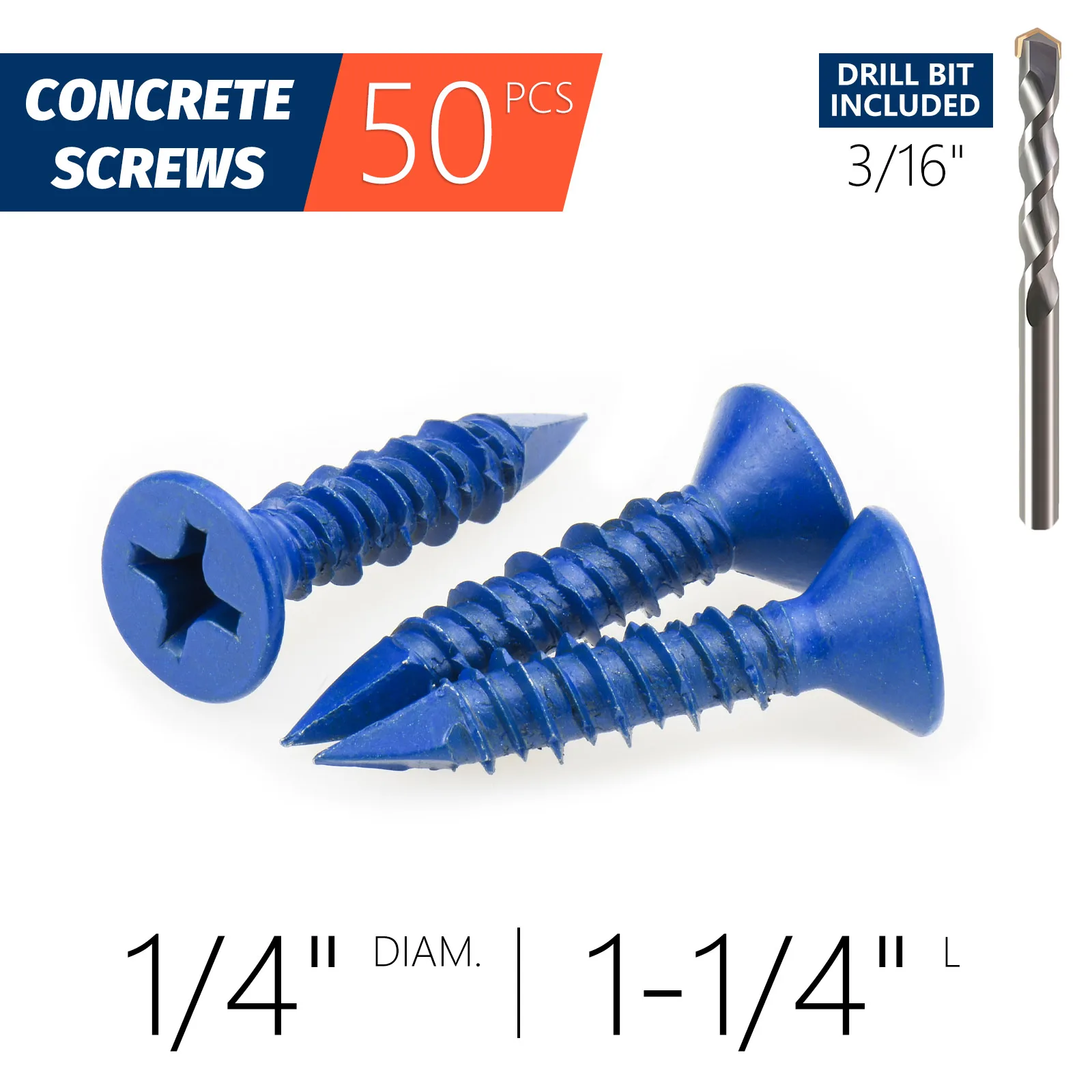 3/16" oder 1/4" Betonschraubanker, blaue Flachkopfschrauben für Mauerwerk, Ziegelblock, Zementstucks (verpackt mit Bohrer) – Detail 8