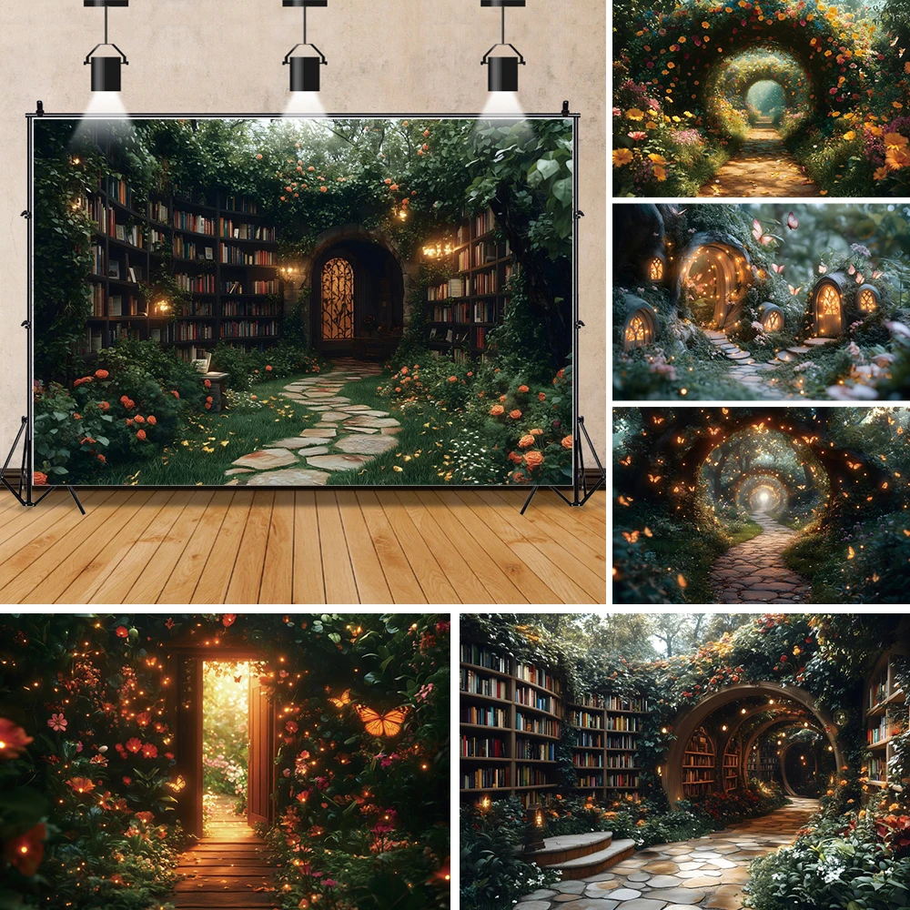 매직 가든 책장 사진 배경, 숲 녹색 용수철 풍경, 판타지 나비, 어린이 생일 초상화 배경