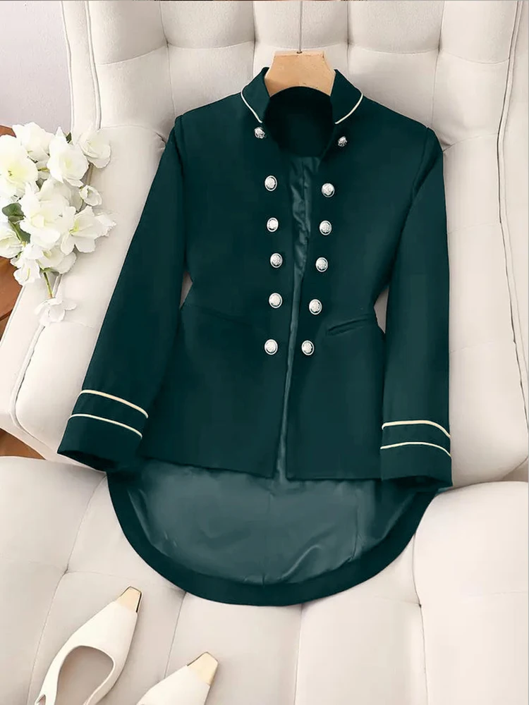 Women's Vintage British Blazer Jacket Dark Green Elegant Stand Collar Long Sleeve Single-Breasted Autumn Fashion Female Jackets