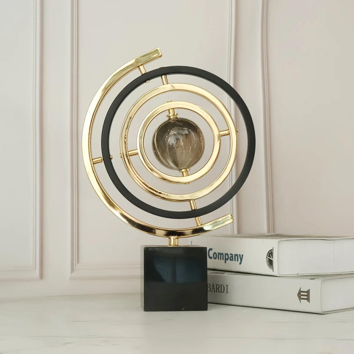 Modern Abstract Metal Globe Sculpture 1pc Black & Golden Art Decor with Rectangular Base for Home Office Living Room Study Shelf - Image 4