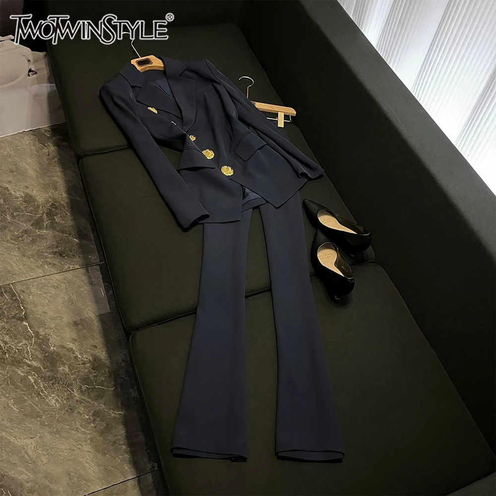 

TWOTWINSTYLE Solid Temperament Two Piece Sets For Women V Neck Long Sleeve Top High Wanst Pants Chic Set Female New KSE543328