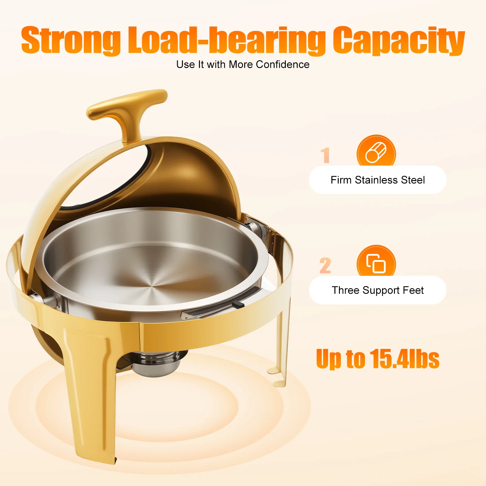 

201 Stainless Steel Round Chafing Dish 90°/180° Opening 6L Food Warmer with Thickened Fuel Frame
