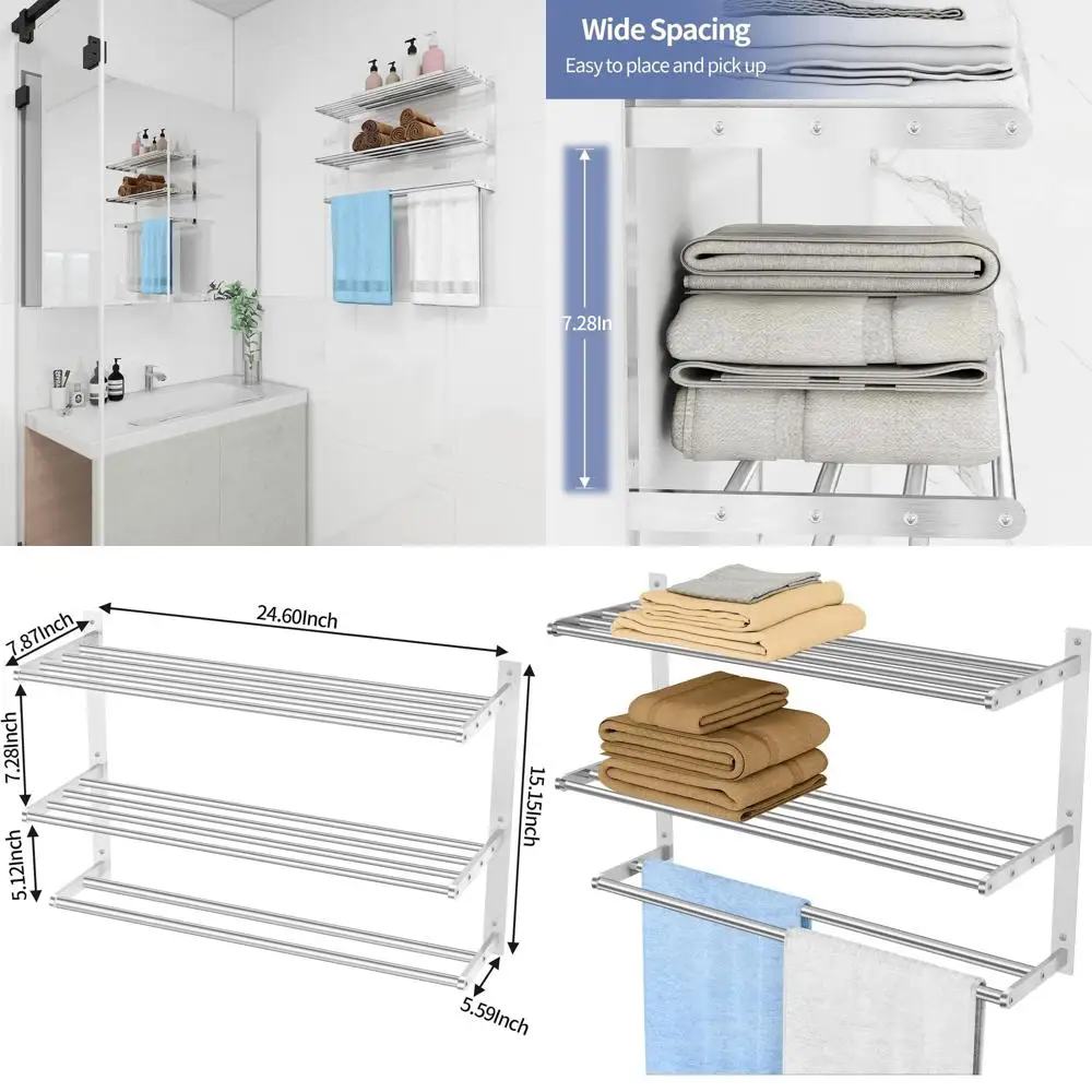 

24 Inch 3-Tier Stainless Steel Towel Shelf with Double Bar, Brushed Nickel Bathroom Storage Rack