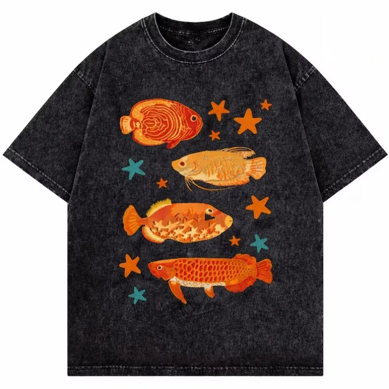 Vintage Washed Tropical Fish Print T-Shirt Colorful Aquarium Marine Life Tee Casual Loose Fit Short Sleeve Tops for Men Women