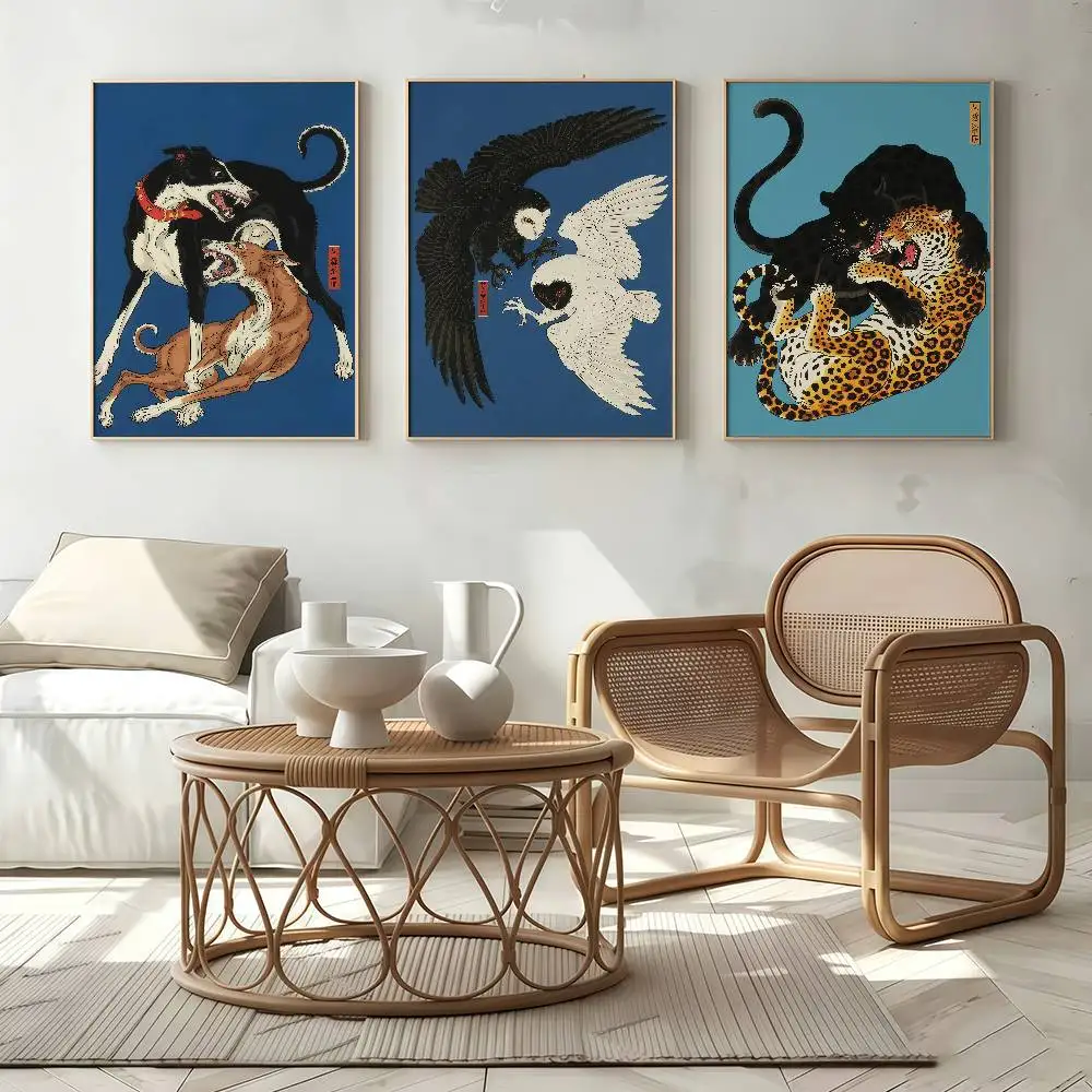 Animals Ukiyo-e Style Poster Self-adhesive Art Waterproof Paper Sticker Coffee House Bar Room Wall Decor