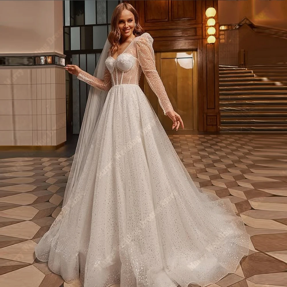 

Beautiful A Line Women Wedding Dresses Sweetheart Collar Shining Glitter Bride Gowns Mopping Length Vestido De Novias Customized