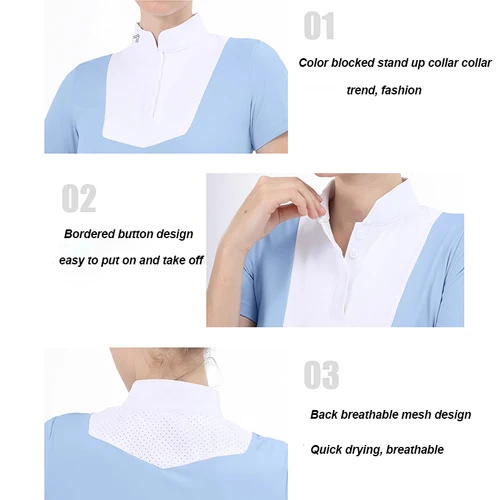 Imagen 2 del producto Camisetas ecuestres con logotipo M, Tops de manga corta, ropa para montar a caballo, blusa de entrenamiento con botones para mujer, Top para espectáculo de competición