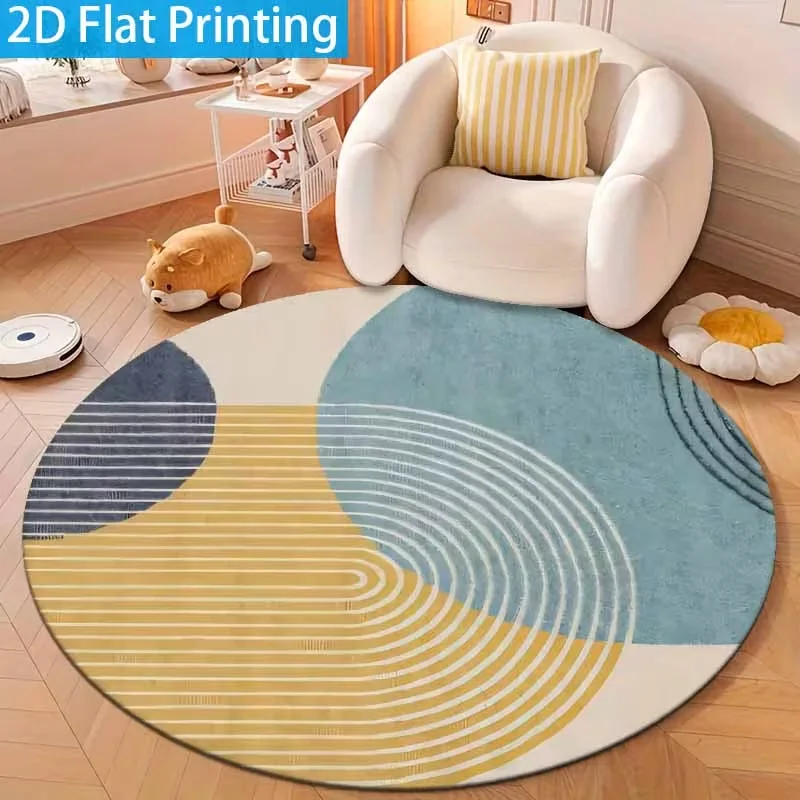 Modern Minimalist Geometric Line Round Rug Non Slip Circle Mat Morandi Color Block Print Soft Carpet for Bedroom Sofa Decor Rug