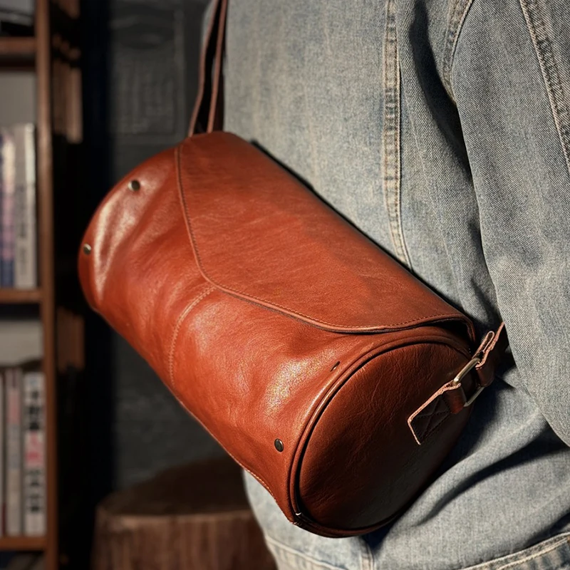 Genuine leather crossbody bag vegetable tanned cowhide men's bag casual vintage fashion round bucket bag single shoulder bag
