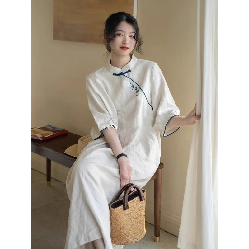 Summer New Chinese Style Women's Long Dress Retro Cotton and Linen Loose Embroidery Half-sleeved Long Skirt Cheongsam Dresses - Image 4