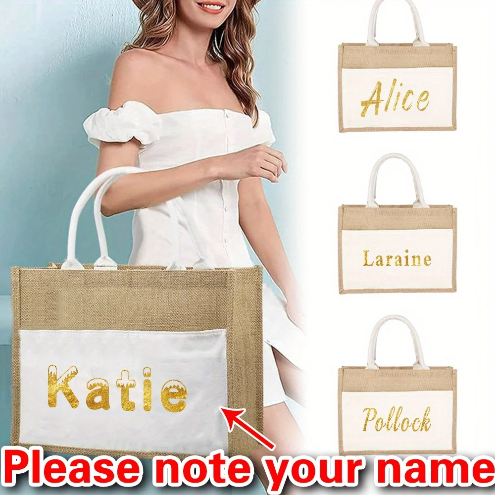 

Customizable Name Large Capacity Shopping Bag Women's Handbag Single Shoulder Storage Bag Beach Bag Linen