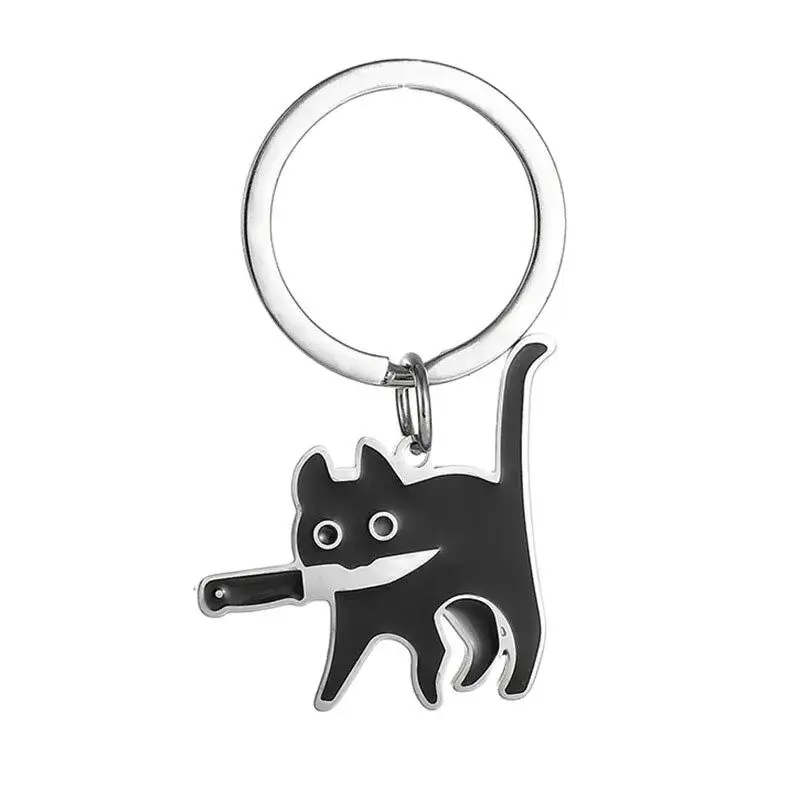 5 pçs/lote aço inoxidável dos desenhos animados gato preto chaveiro gatinho com faca na boca charme mochila carro chaveiro jóias decoração