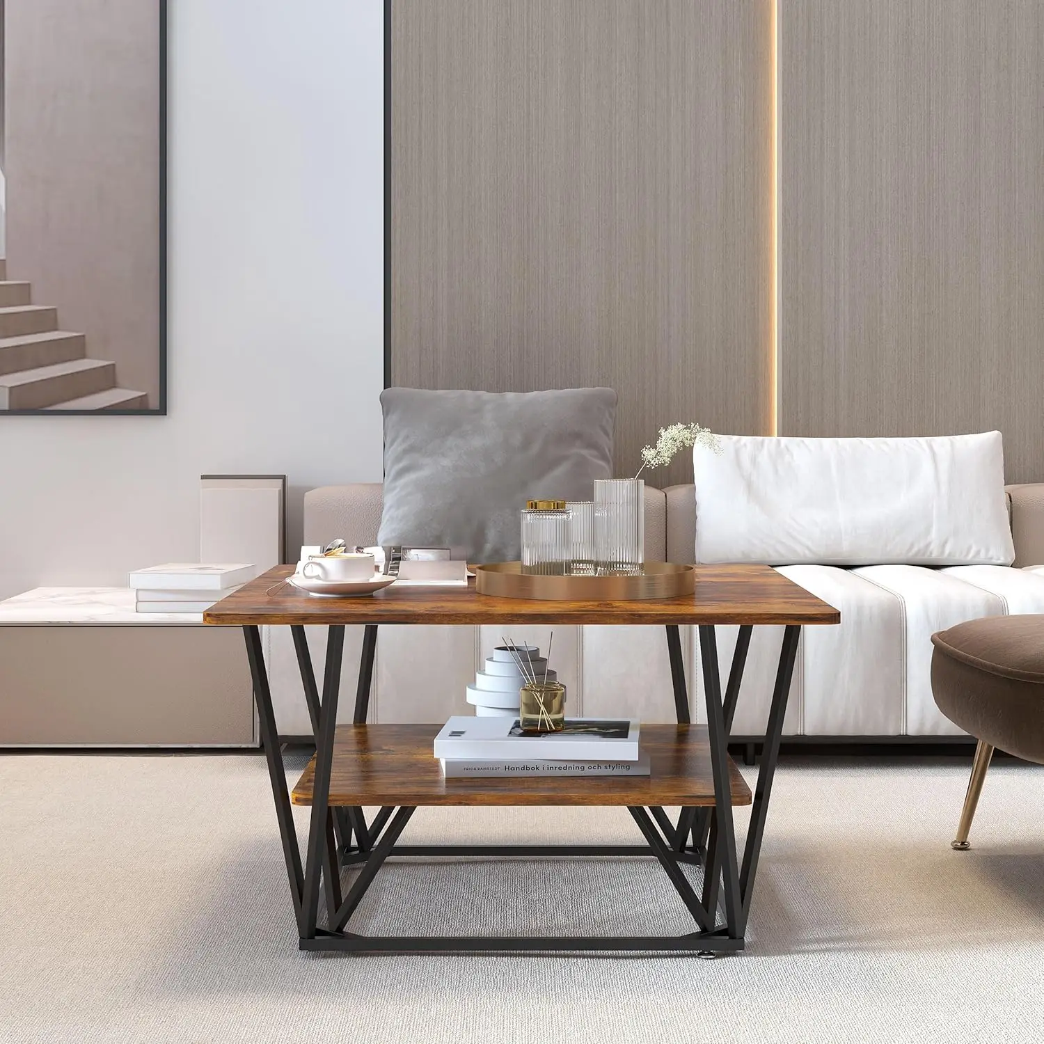 Elephance Square Coffee Table For Living Room, 31.5 Inch Modern Coffee Table With Storage, 2-Tier Caramel Brown Coffee Table,