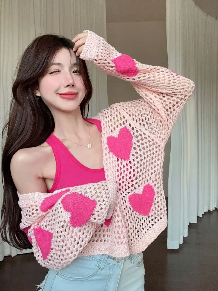

Женский кардиган с вырезами, солнцезащитный, сладкий, милый, укороченный, корейский, праздничный, мягкий, вязаный, Kawaii y2k, летний, с любовным узором, модный стиль