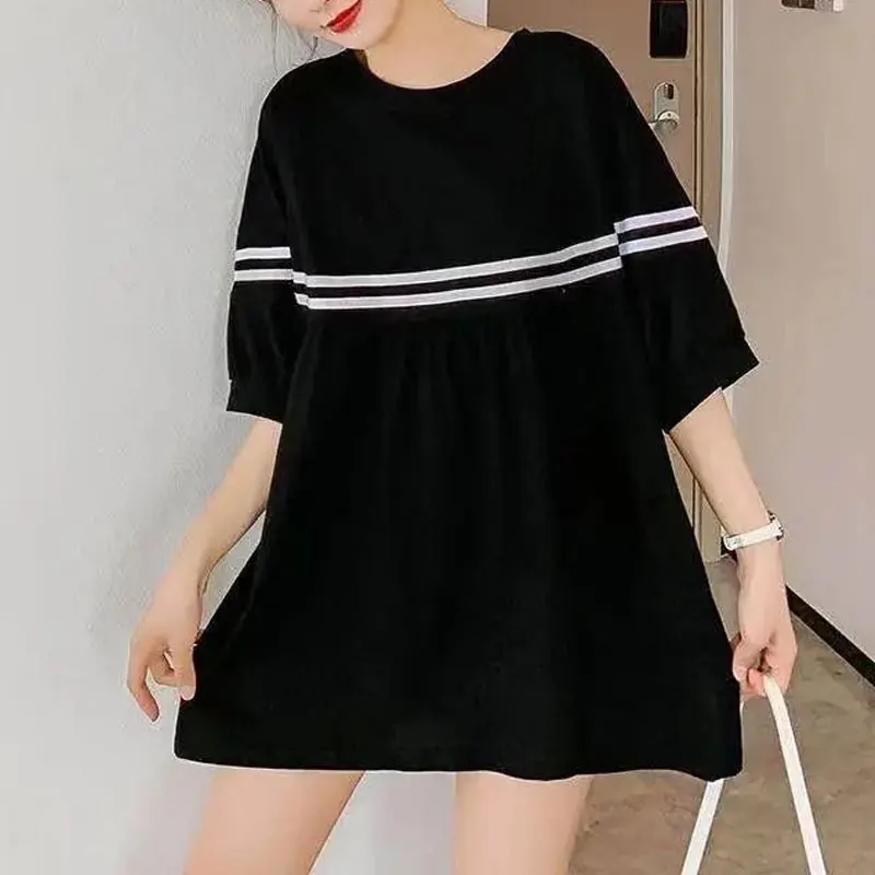 Fashion Korean Spliced Loose Shirt Summer New Half Sleeve Commute Female Clothing Solid Color Casual All-match Round Neck Blouse