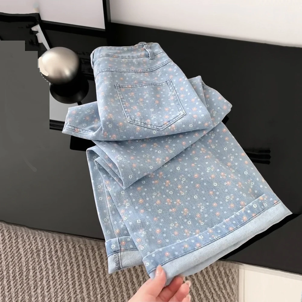 

Light Blue Loose Wide Leg Pants Women's 2026 Spring New Casual Office Style Floral Printed Relaxed Fit Long Jeans With Lazy Vibe