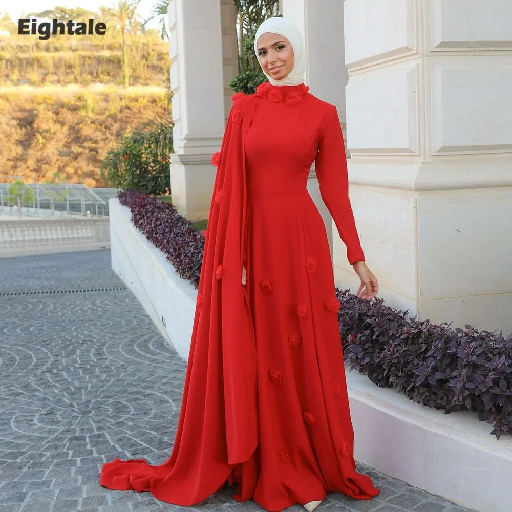 

Eightale Arabic Evening Dress High Neck Prom Gown Customized 3D Flowers Long Sleeve Muslim A-Line Wedding Party Dress