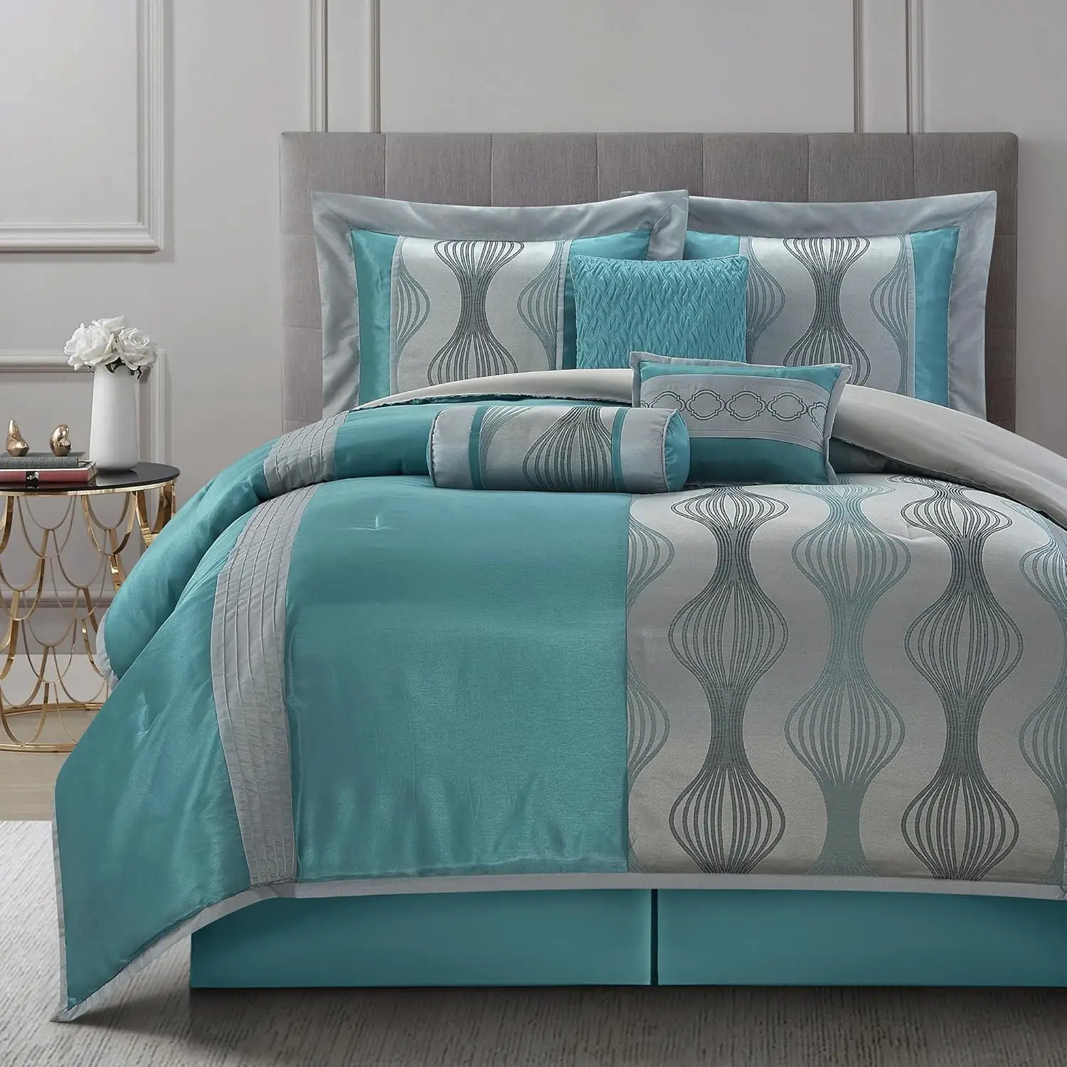 

California Omforter Set, Blue, 7 Pieces In A Bag, Ultra Soft Jacquard With Solid Piecework, Luxury Bed Set With Comforters, Bed