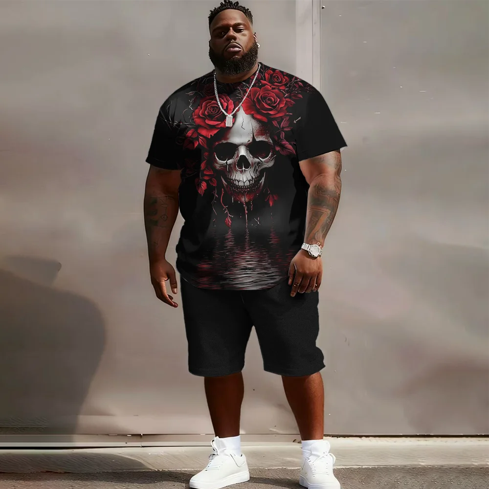 

S-9xl plus size Men's Short Sleeve Set: Skull-Edge Vibe - 2-Piece Big & Tall Fit, Soft Fabric, Sleek Distressed Skulls