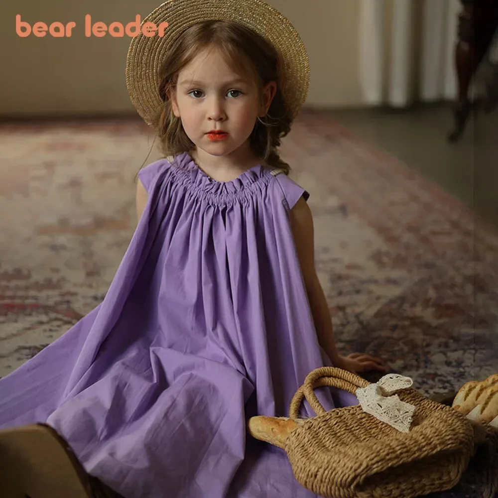 Bear Leader Girls Dress Summer Purple Princess Dresses Solid Color Sleeveless Pleats Casual Kids Clothes 3-7 Years Daily Wear