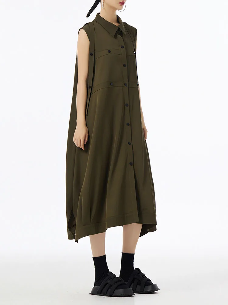 [EAM] Kobiety Army Green Button Duży rozmiar Midi Casual Shirt Dress New Lapel Sleeveless Fashion Tide Wiosna Lato 2024 1DH6614