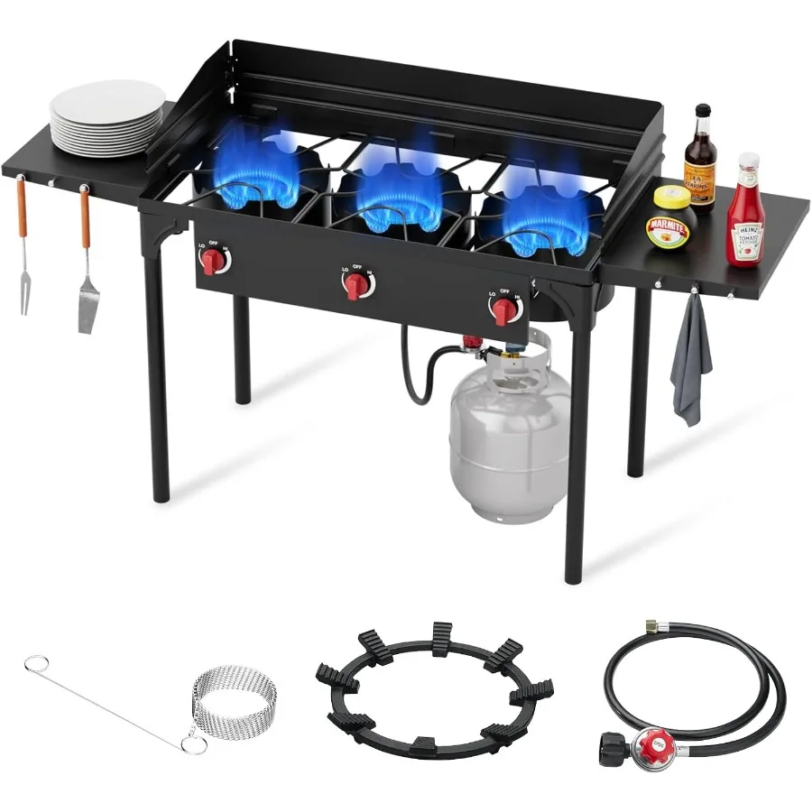 Brûleur de Propane à 3 brûleurs, 225 000 BTU, poêle à Propane haute pression avec pare-brise et étagères latérales pour la cuisine en plein air, Camping Ba