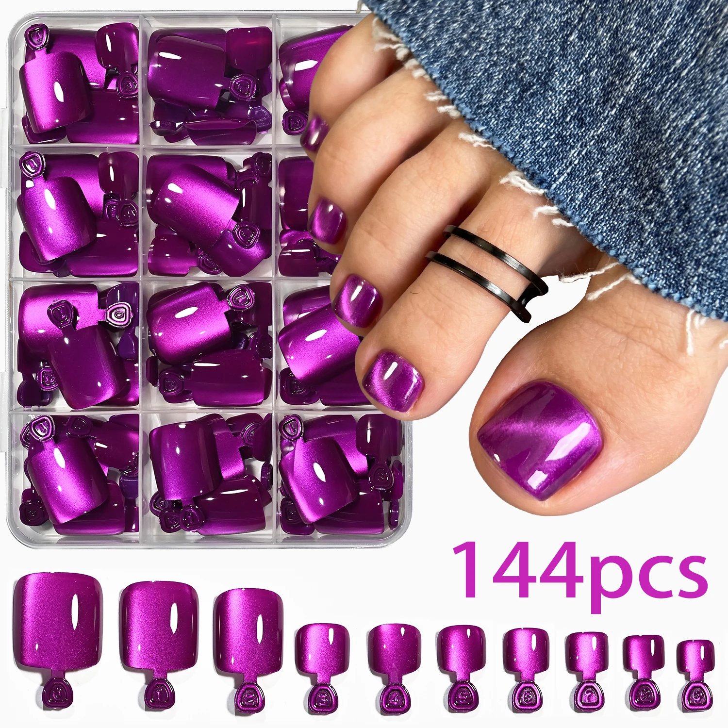 144Pcs Violet Purple Cat Eye Press On Toenails Short Square Fake Toe Nail Cat-Eye False Foot Nails for Daily Home Salon Manicure
