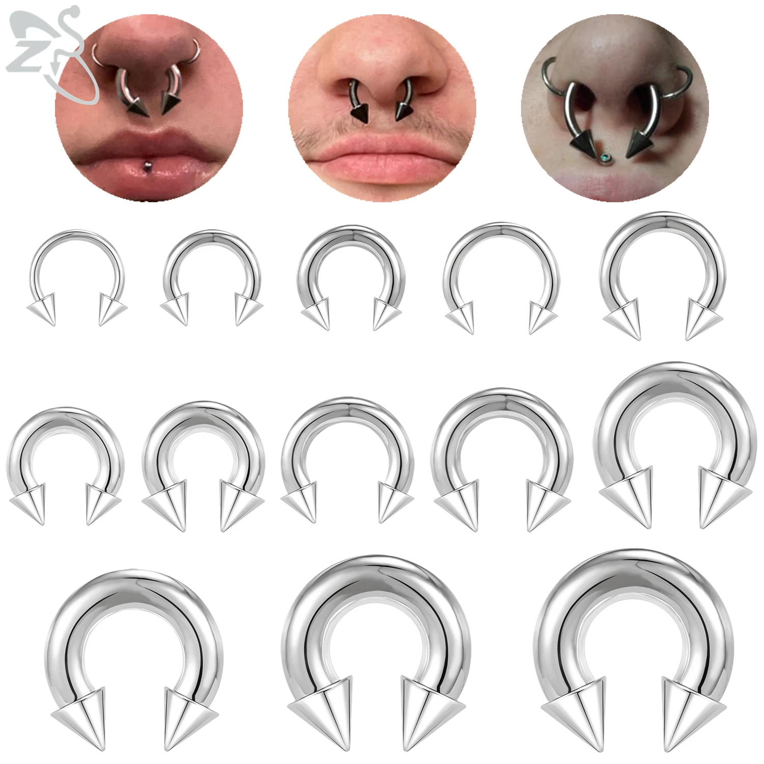 ZS 1 PC 00/0/2/4/6/8G Spike Pierścień na nos ze stali nierdzewnej dla mężczyzn Kobiety Punk Piercing przegrody o dużym średnicy Spike Ear Flesh Expander