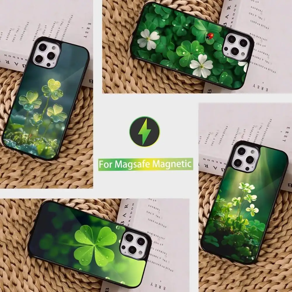

Clover Plant Four Leaf Case For iPhone 16,15,14,17,13,12,11,Pro,Max,Plus,Mini, Magsafe,Magnetic Wireless Charging Case