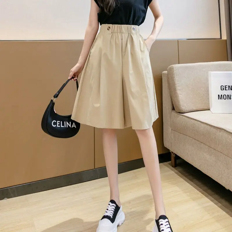 Female Casual Korean Buttons Solid Color High Waist Five Quarter Pants Summer Simplicity Pleated Elastic Waist Wide Leg Pants