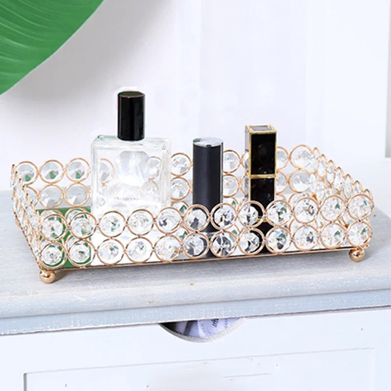 Crystal Decorative Tray Table Makeup Organizer Glass Mirror Perfume Lipstick Storage Plate Luxury Serving Tray Home Trinket Dish