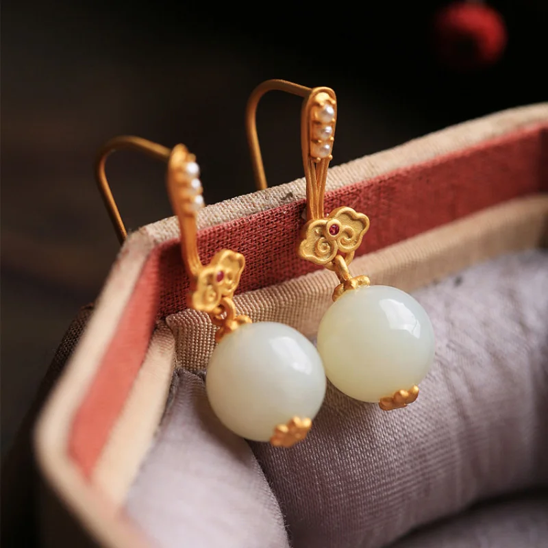 

Original Ruyi natural Hotan Jade beads earrings for women Vintage inlaid pearl Eardrop high-level Ancient gold craft jewelry