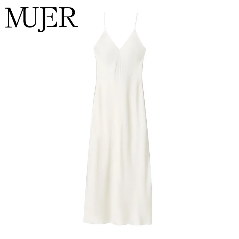 MUJER 2025 Slip Langes Kleid Frau Satin Rückenfreie Midi Kleider für Frauen Sexy Party Damen Sommerkleid Träger Drapiertes Kleid Frauen