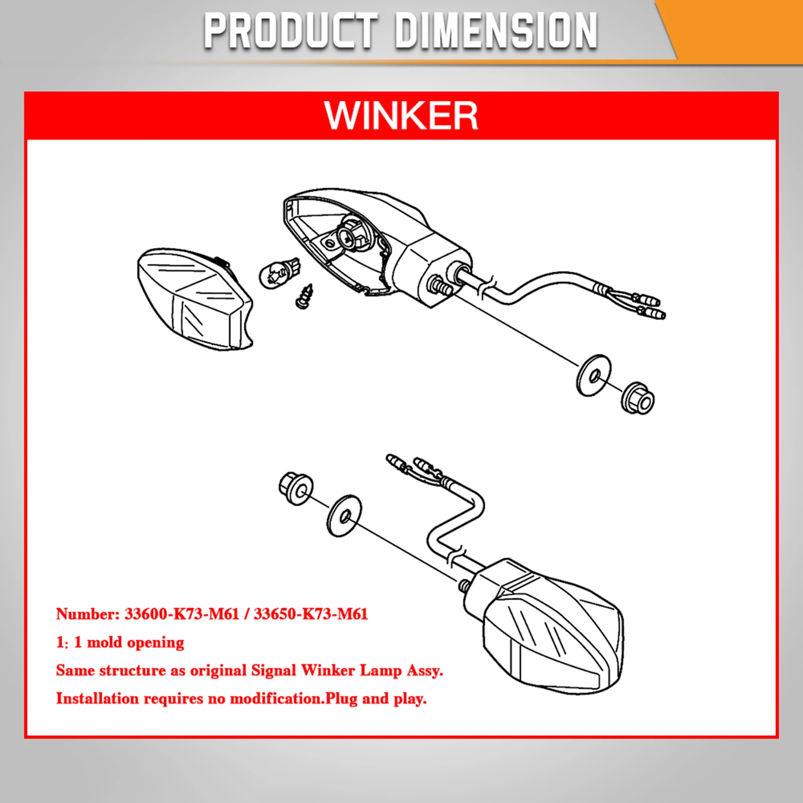 Motorcycle Rear Signal Light Rear Winker Lamp Replacement for HONDA Wave125/MSX125/RS150 OEM 33600-K73-M61 / 33650-K73-M61
