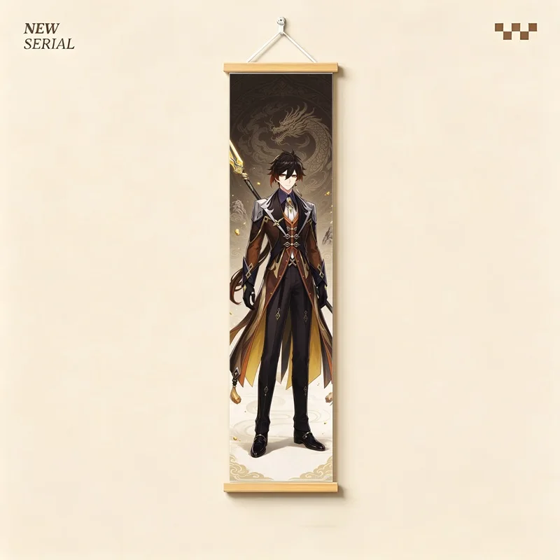 Hanging Scroll Wall Art of Genshin Impact Zhongli with Golden Glow and Dark Attire on Silver Shimmer Canvas for an Anime Bedroom