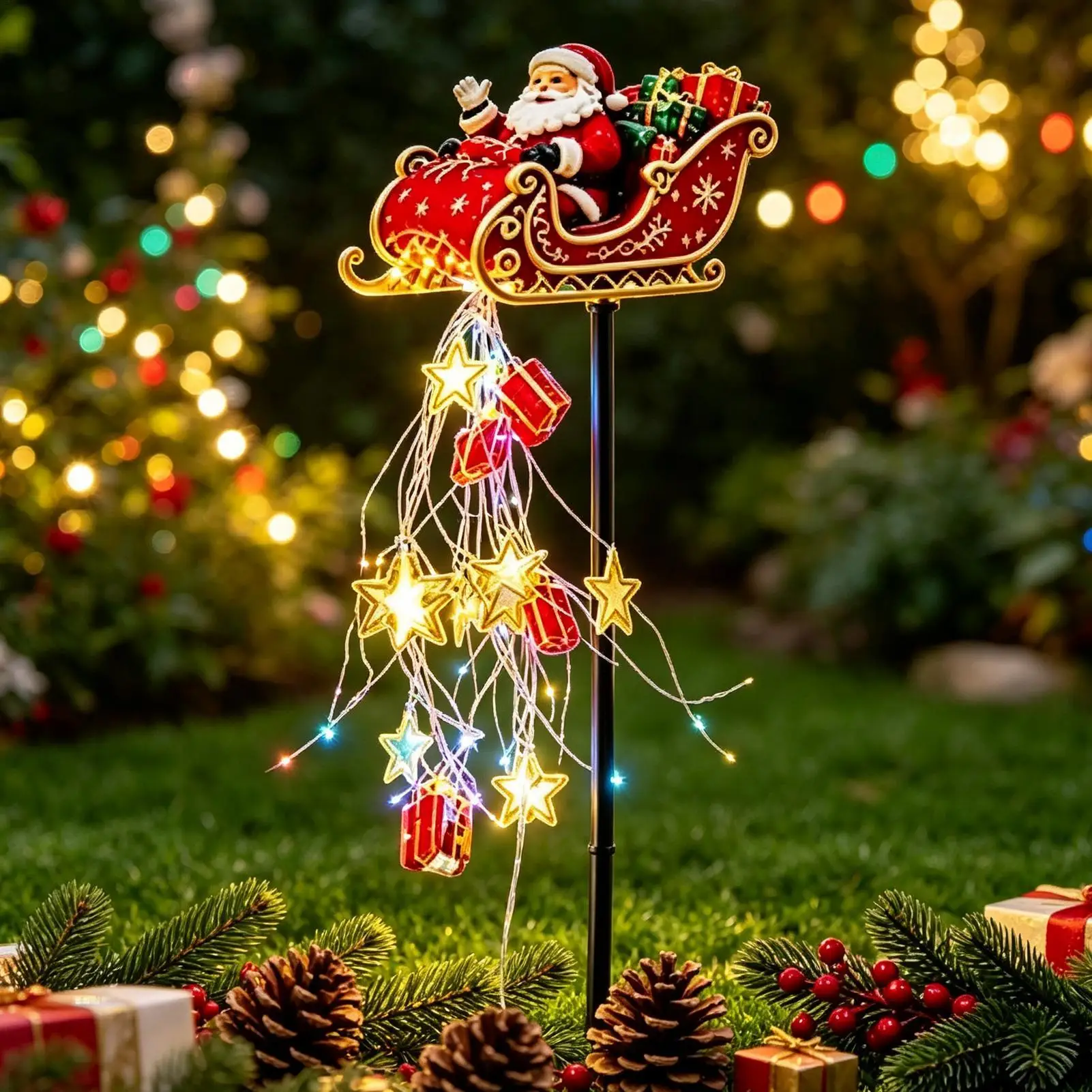 Warm White Santa Flying Sleigh Waterfall Light Christmas Sleigh Decoration Light Durable Battery Operated Outdoor Holiday Decor