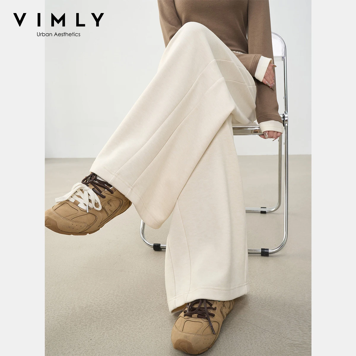 Vimly casual cintura elástica baggy midi calças mulher calças de malha 2025 outono novo soild bolsos soltos senhoras calças compridas a2207